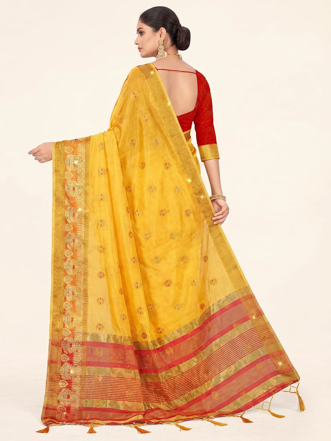 Yellow Woven Organza Saree With Tassels - Image 2