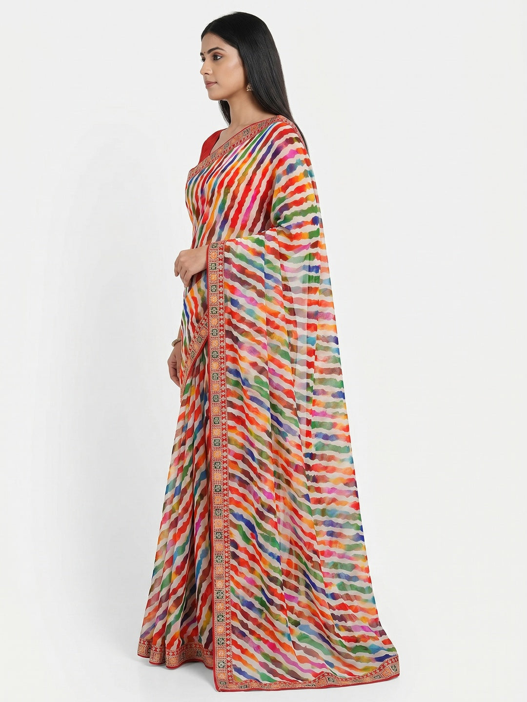 Multicolor Leheriya Printed With Sequins Border Georgette Saree - Image 2