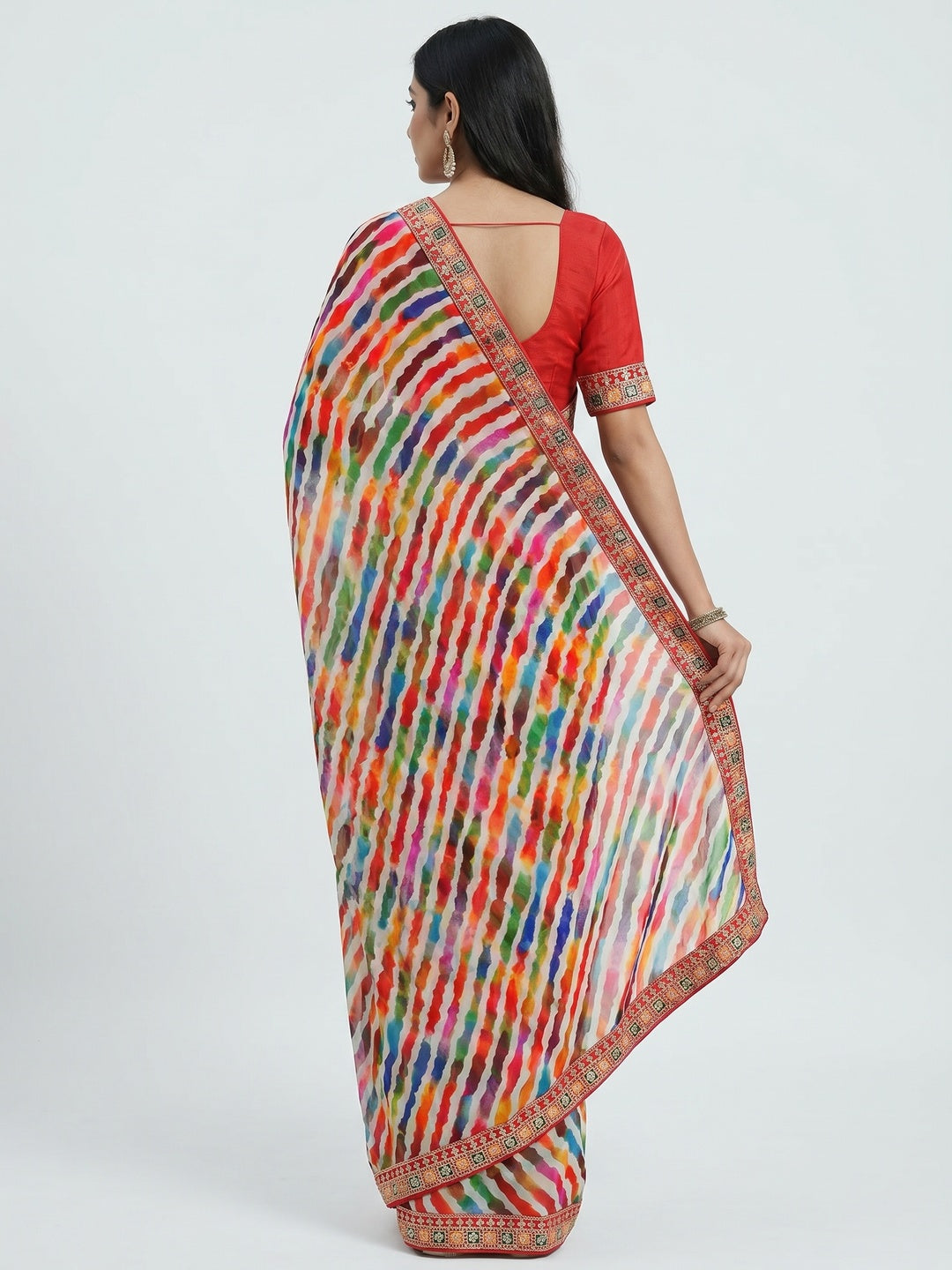 Multicolor Leheriya Printed With Sequins Border Georgette Saree - Image 3