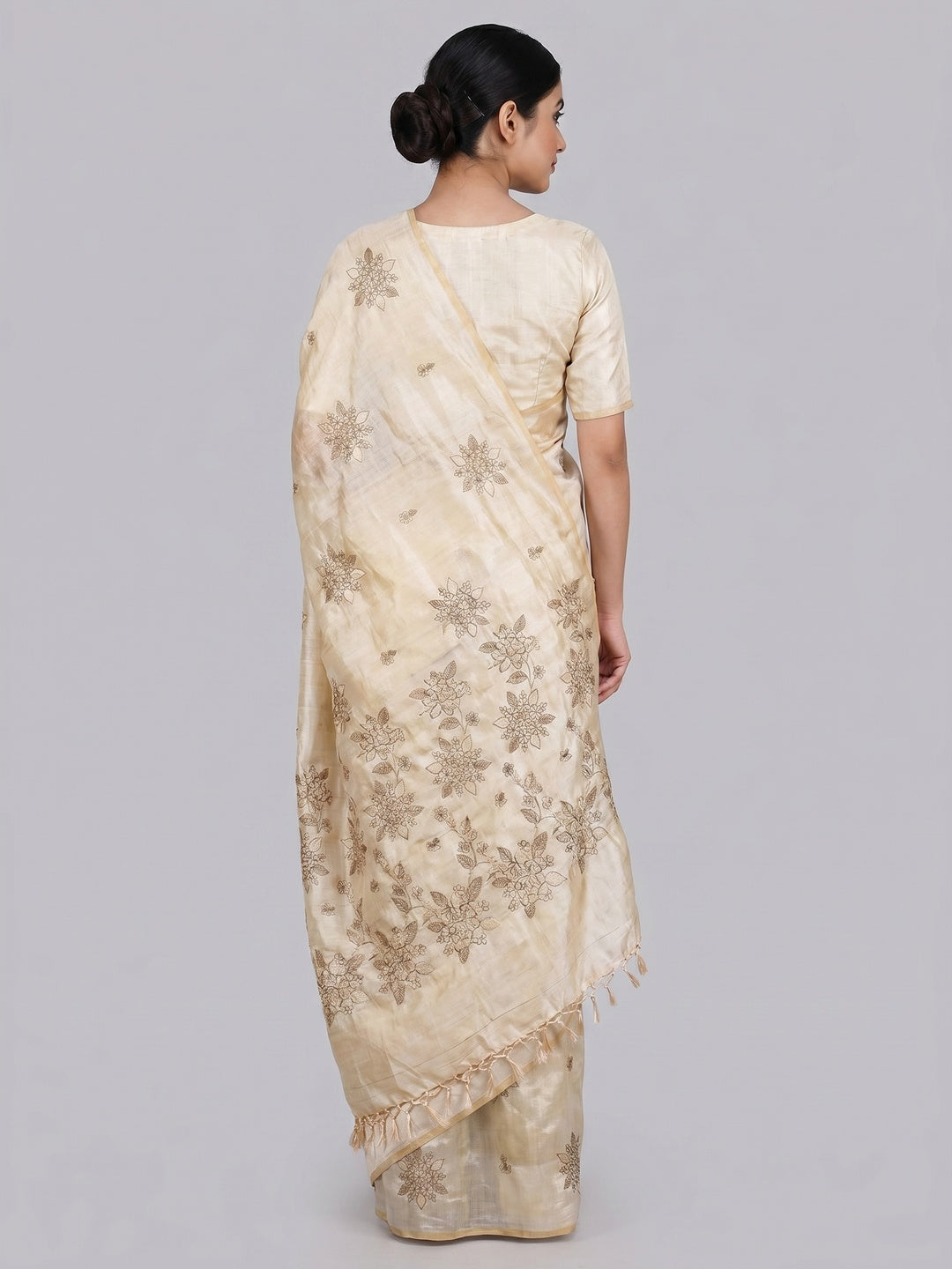 Cream Floral Embroidered Assam Silk Saree - Image 2