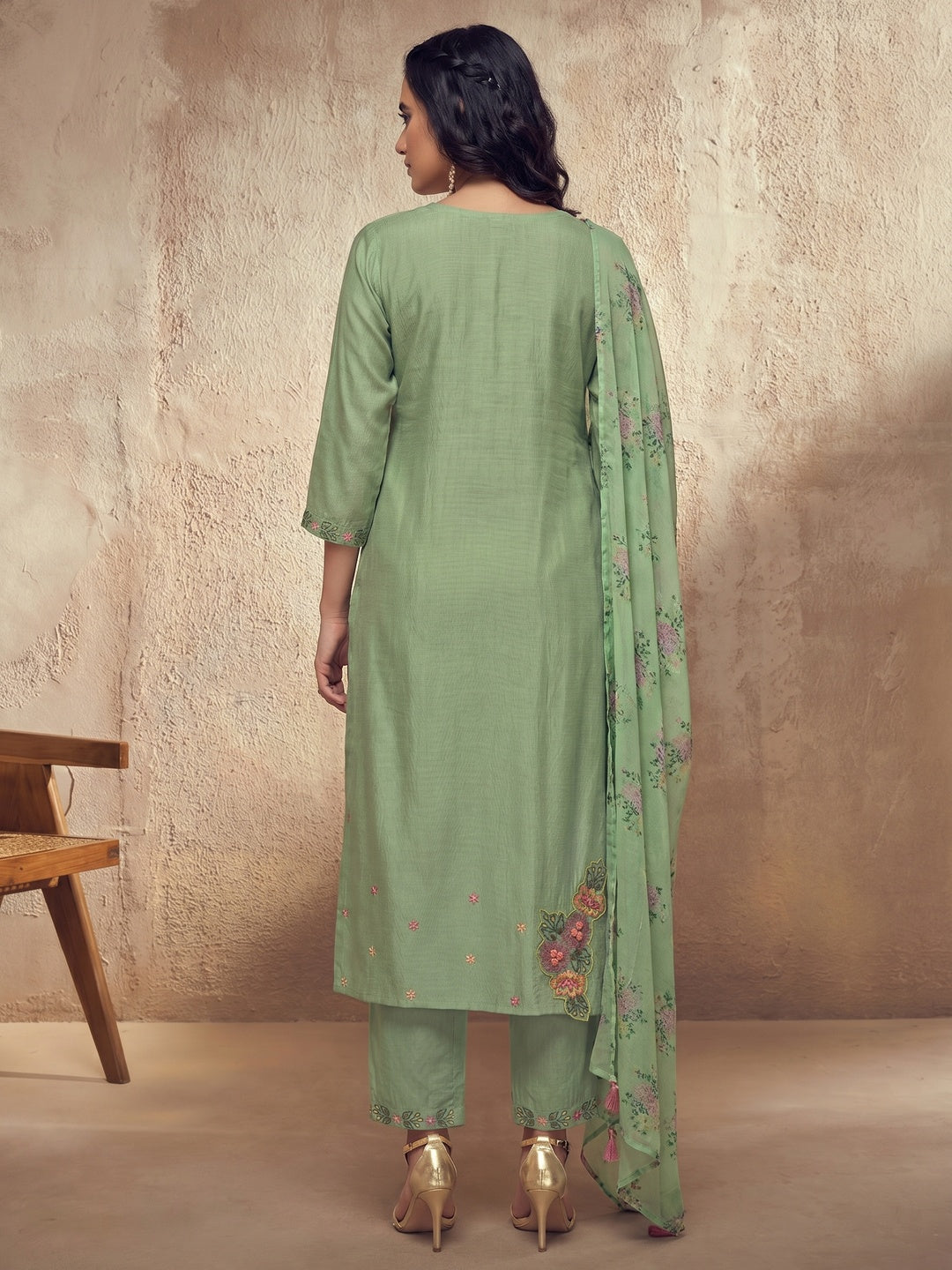 Green Floral Embroidered Viscose Suit - Image 1