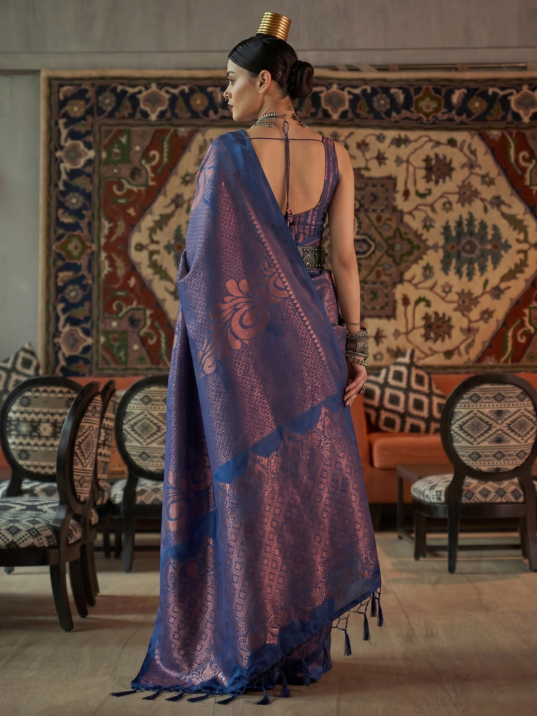 Royal Blue Woven Art Silk Saree With Tassels - Image 1