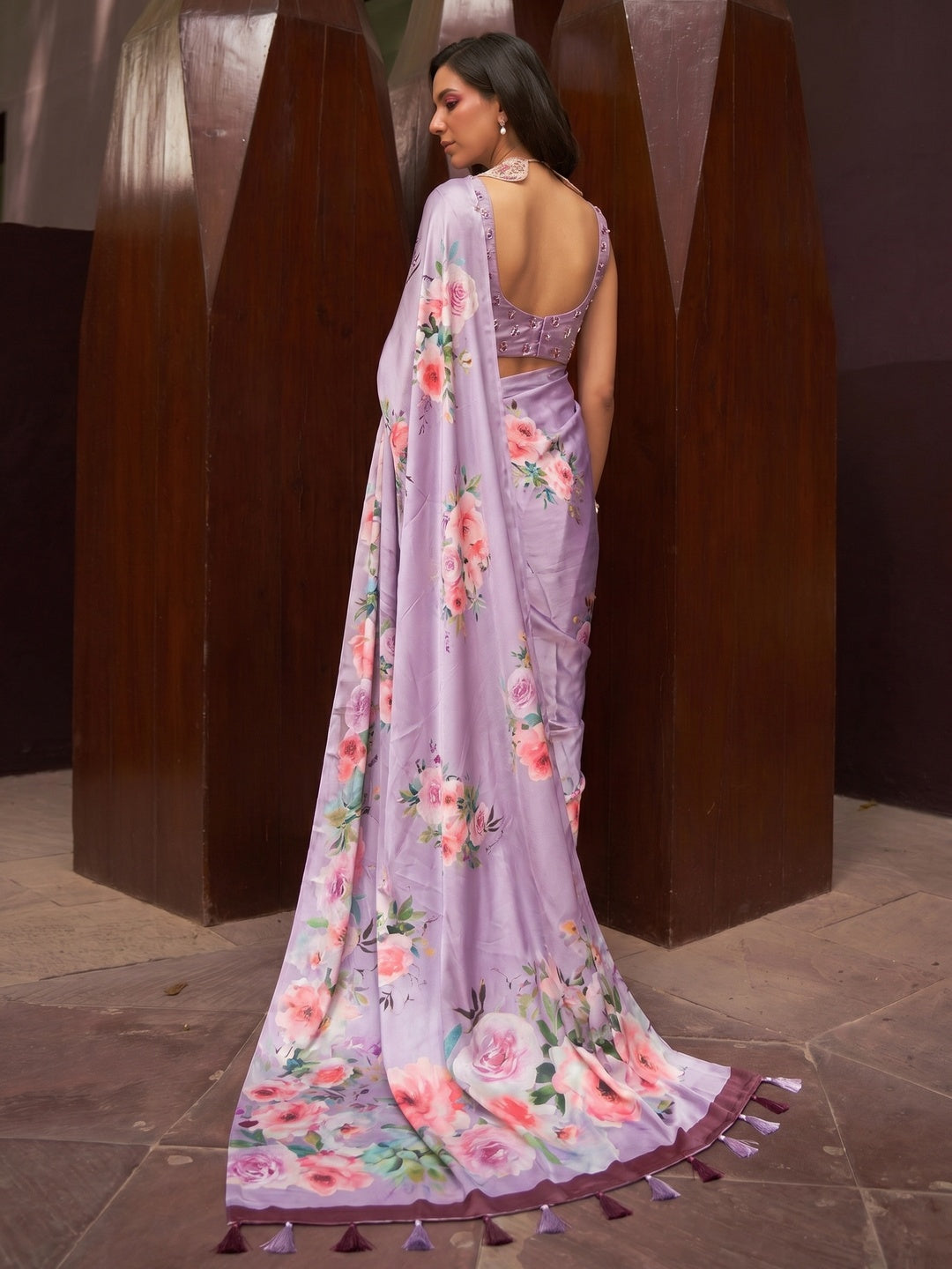 Light Purple Floral Digital Printed Satin Saree - Image 1