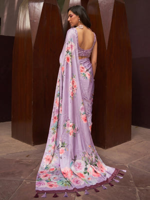 Light Purple Floral Digital Printed Satin Saree - Image 1