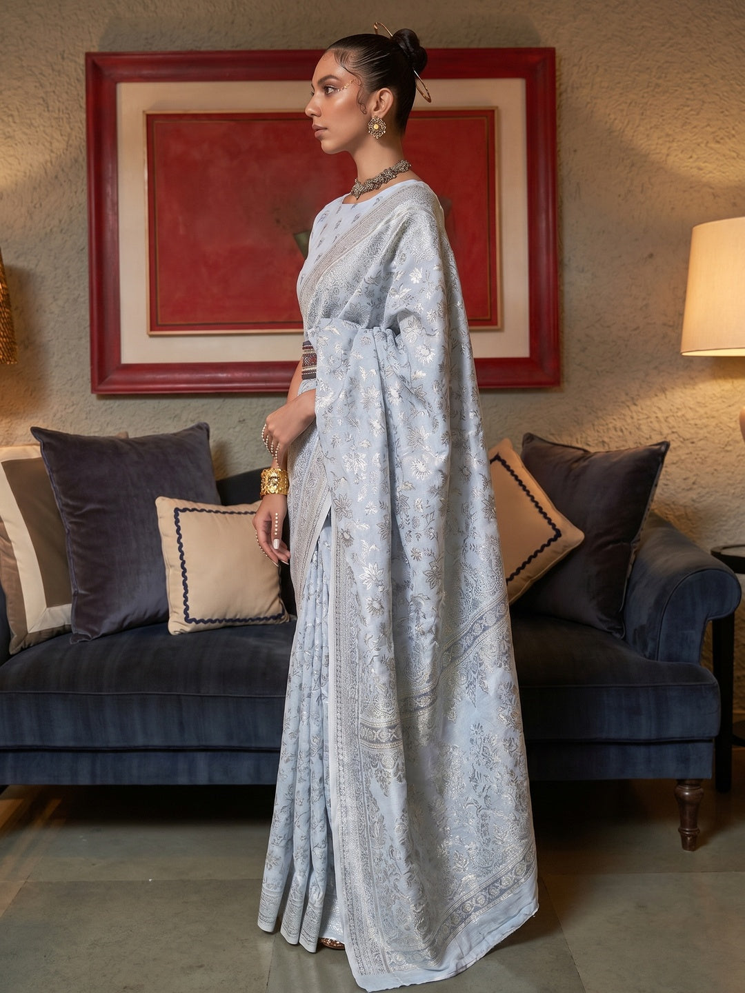 Pastle Grey Floral Woven Modal Saree With Tassels - Image 1