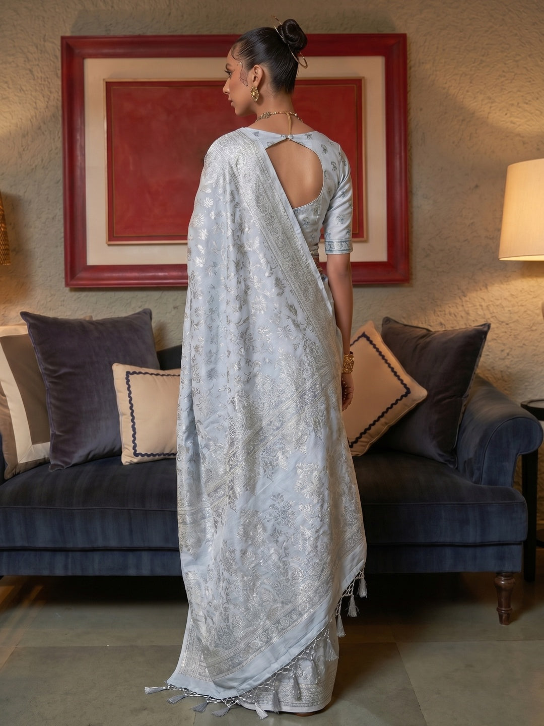 Pastle Grey Floral Woven Modal Saree With Tassels - Image 2