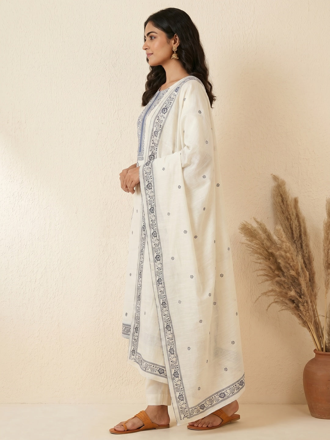Off White Woven Pure Cotton Dress Material - Image 2