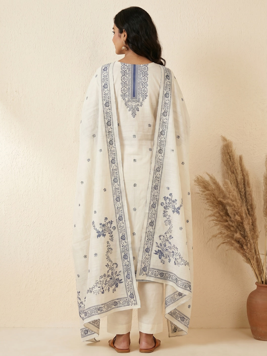 Off White Woven Pure Cotton Dress Material - Image 3