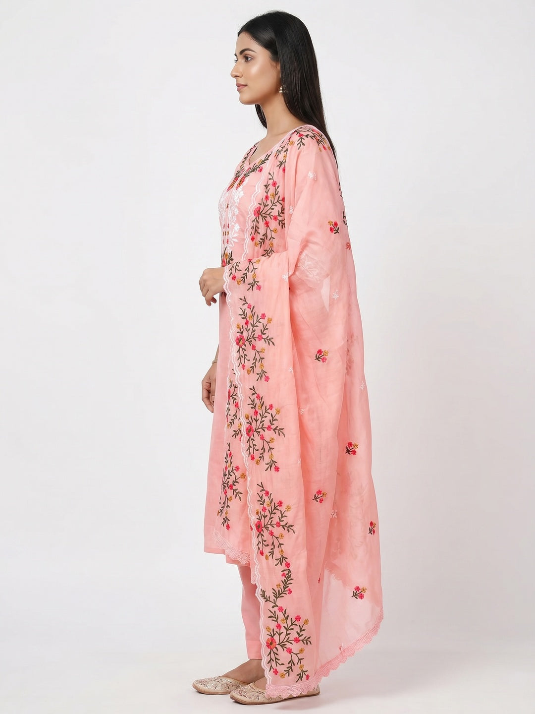 Peach Floral Embroidered Chanderi Dress Material - Image 2