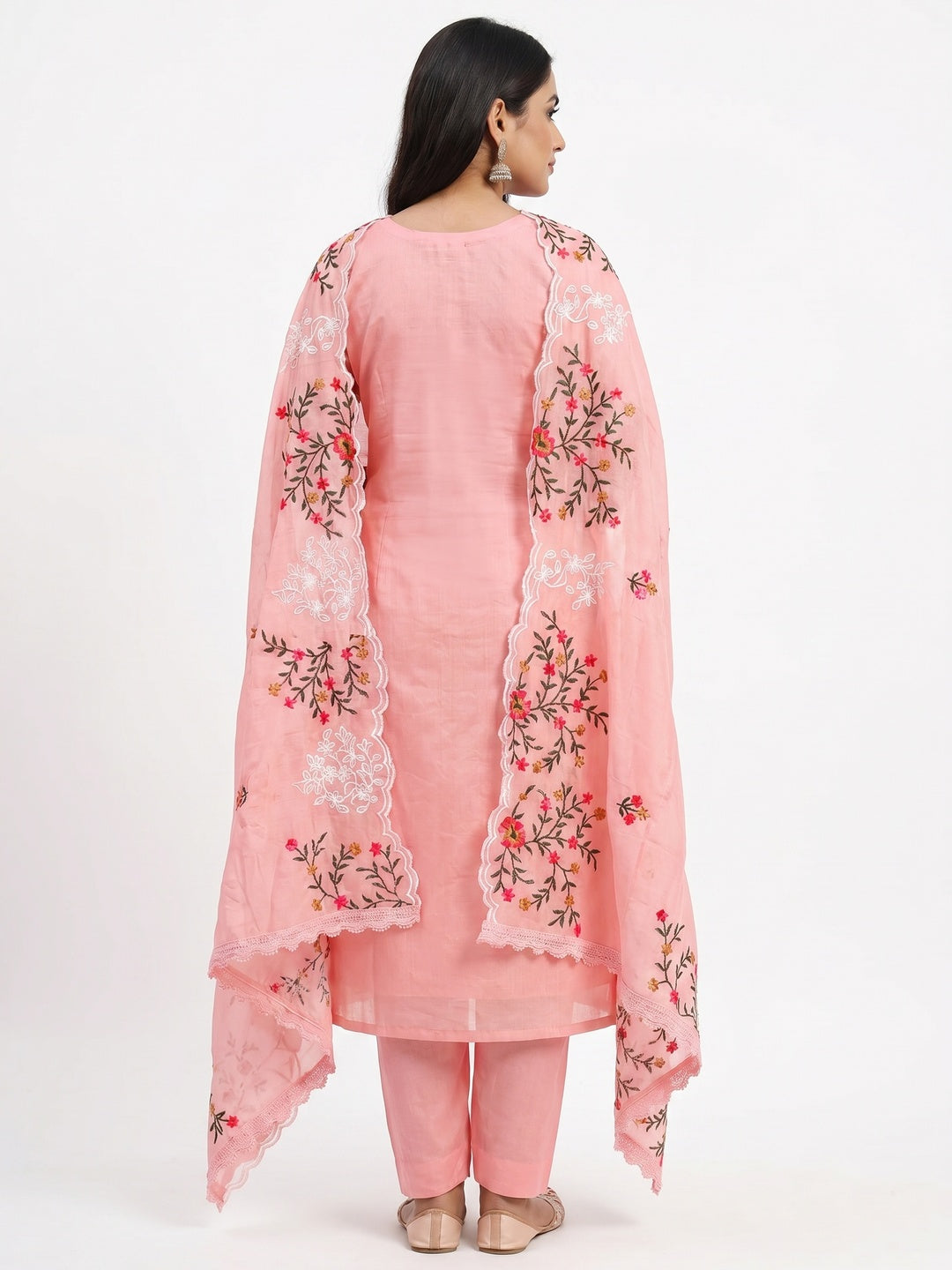 Peach Floral Embroidered Chanderi Dress Material - Image 1