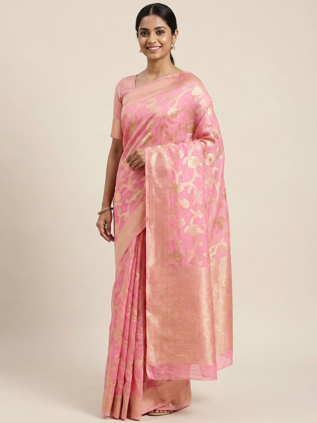 Pink Woven Jacquard Saree - Image 1
