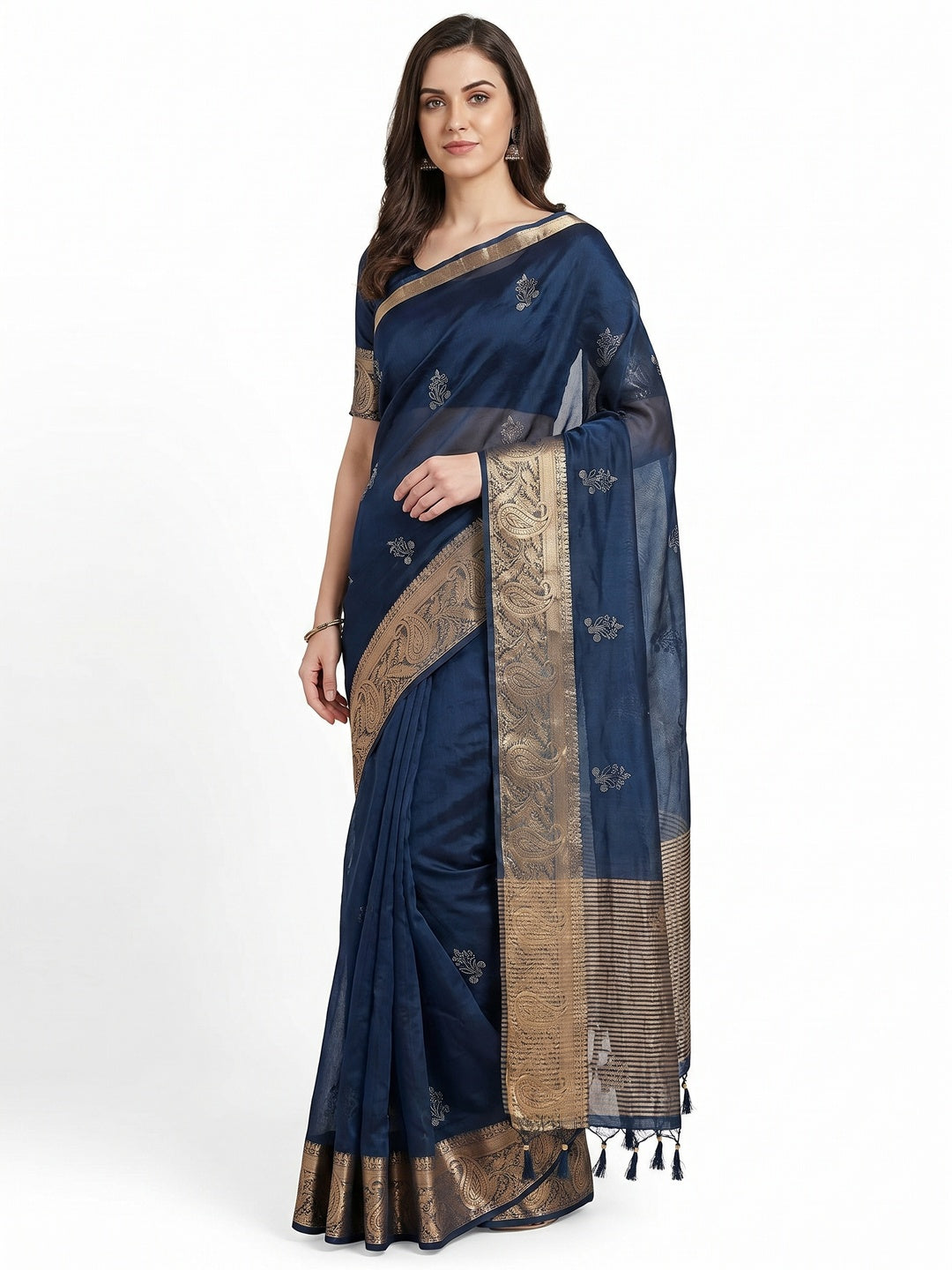 Navy Blue Floral Foil With Woven Border Organza Saree - Image 1