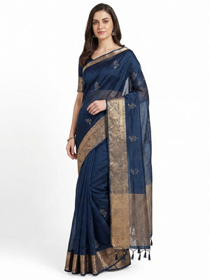 Navy Blue Floral Foil With Woven Border Organza Saree - Image 1