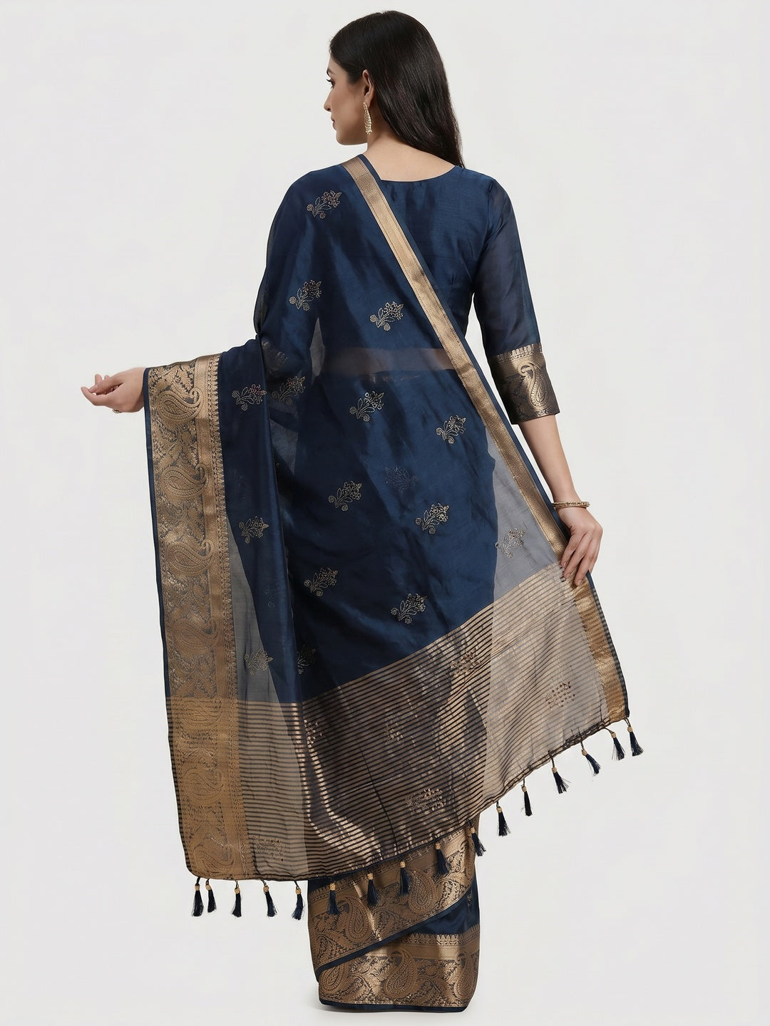 Navy Blue Floral Foil With Woven Border Organza Saree - Image 2