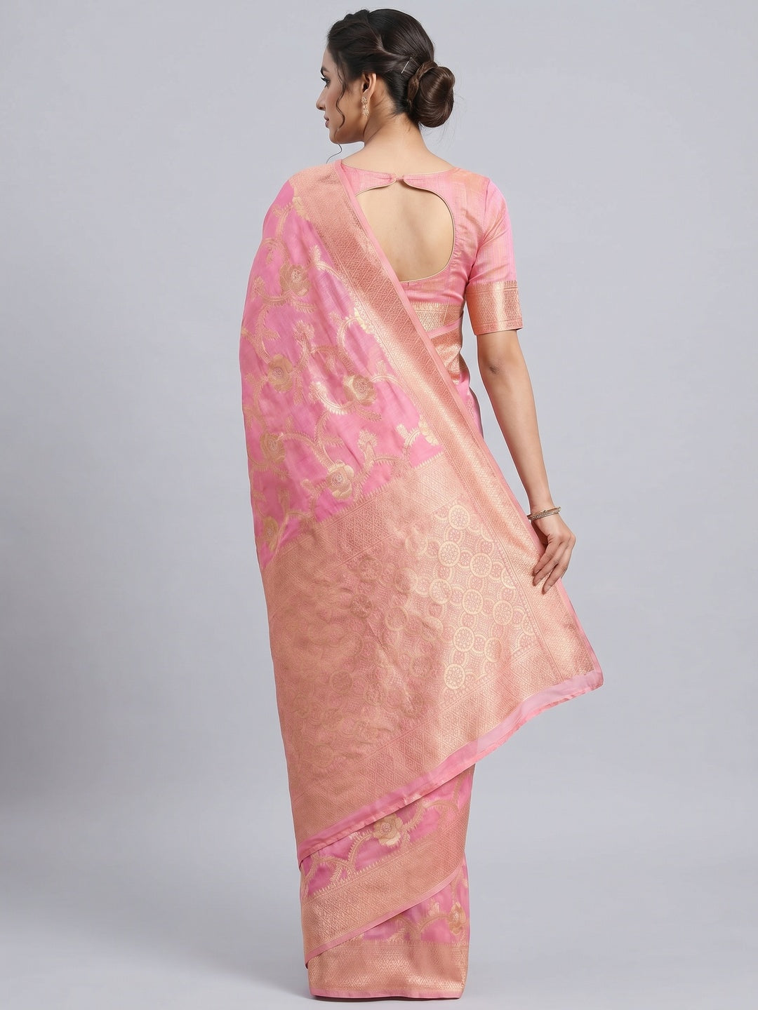 Pink Woven Jacquard Saree - Image 3