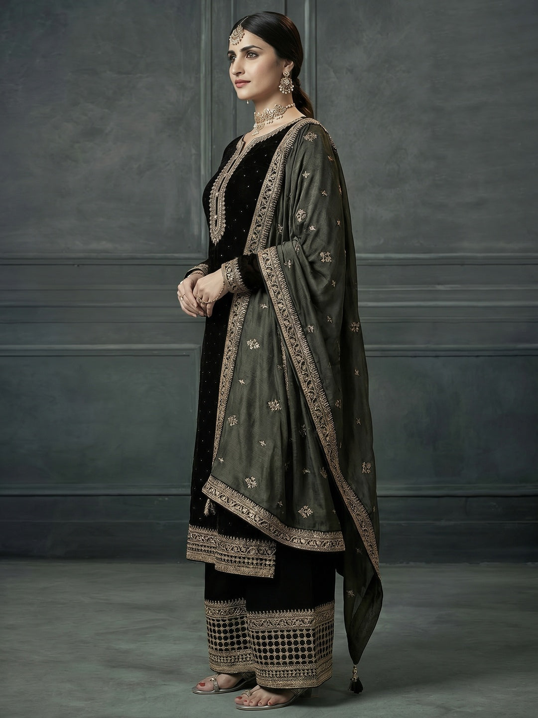 Black Embroidered Georgette Semi Stitched Palazzo Suit - Image 1