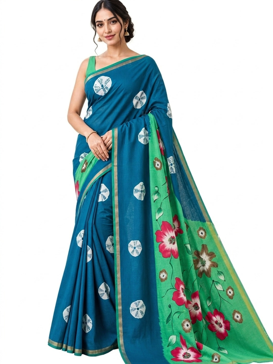 Peachmode Teal Mulmul Cotton Bandhani Print Saree - Image 1