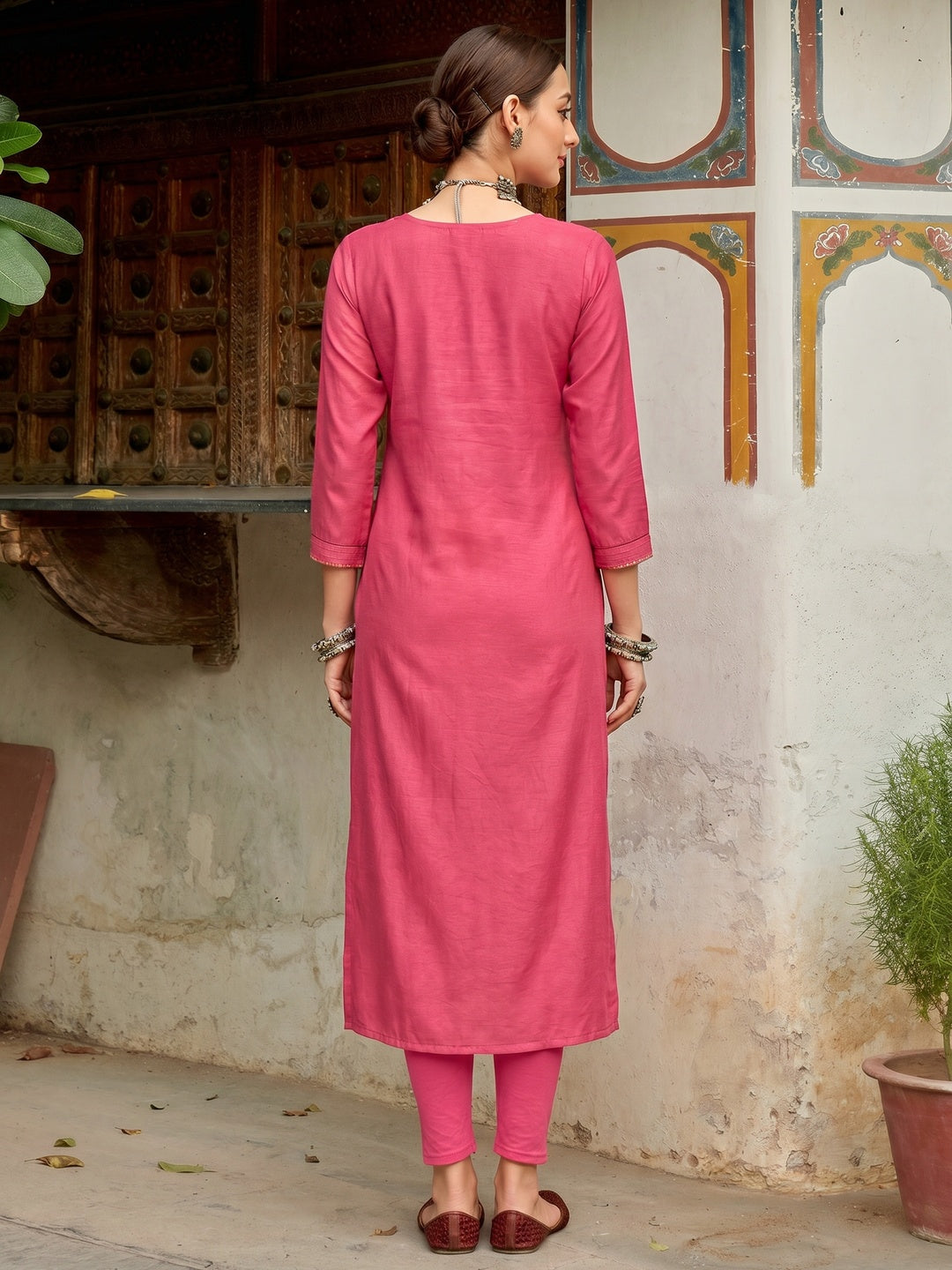 Pink Embroidered Viscose Kurti - Image 1