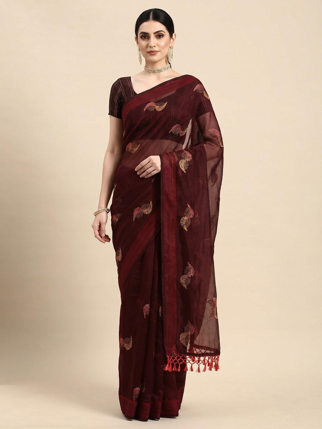 Wine Swarovski With Embroidery Work Chiffon Saree - Image 1