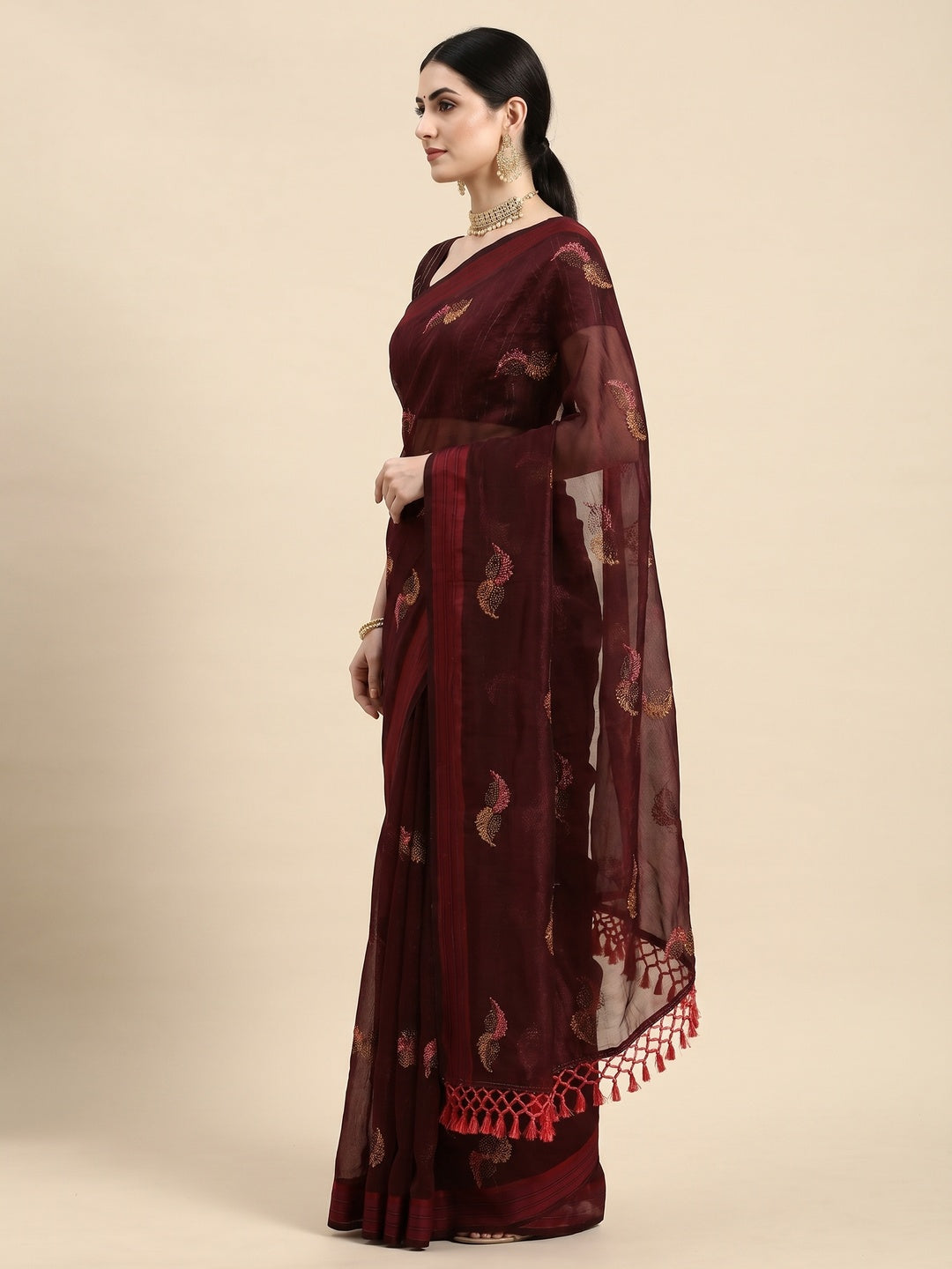 Wine Swarovski With Embroidery Work Chiffon Saree - Image 2