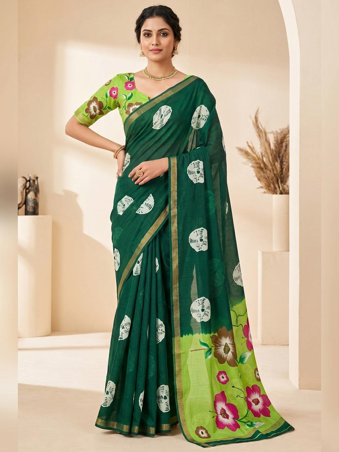 Peachmode Green Mulmul Cotton Bandhani Print Saree - Image 1