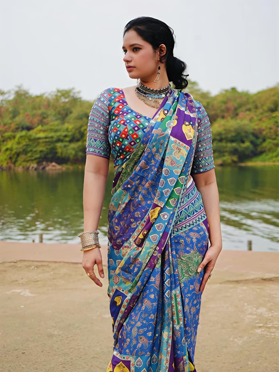 Peachmode Blue Satin Crepe Saree with Mirror Work - Image 3