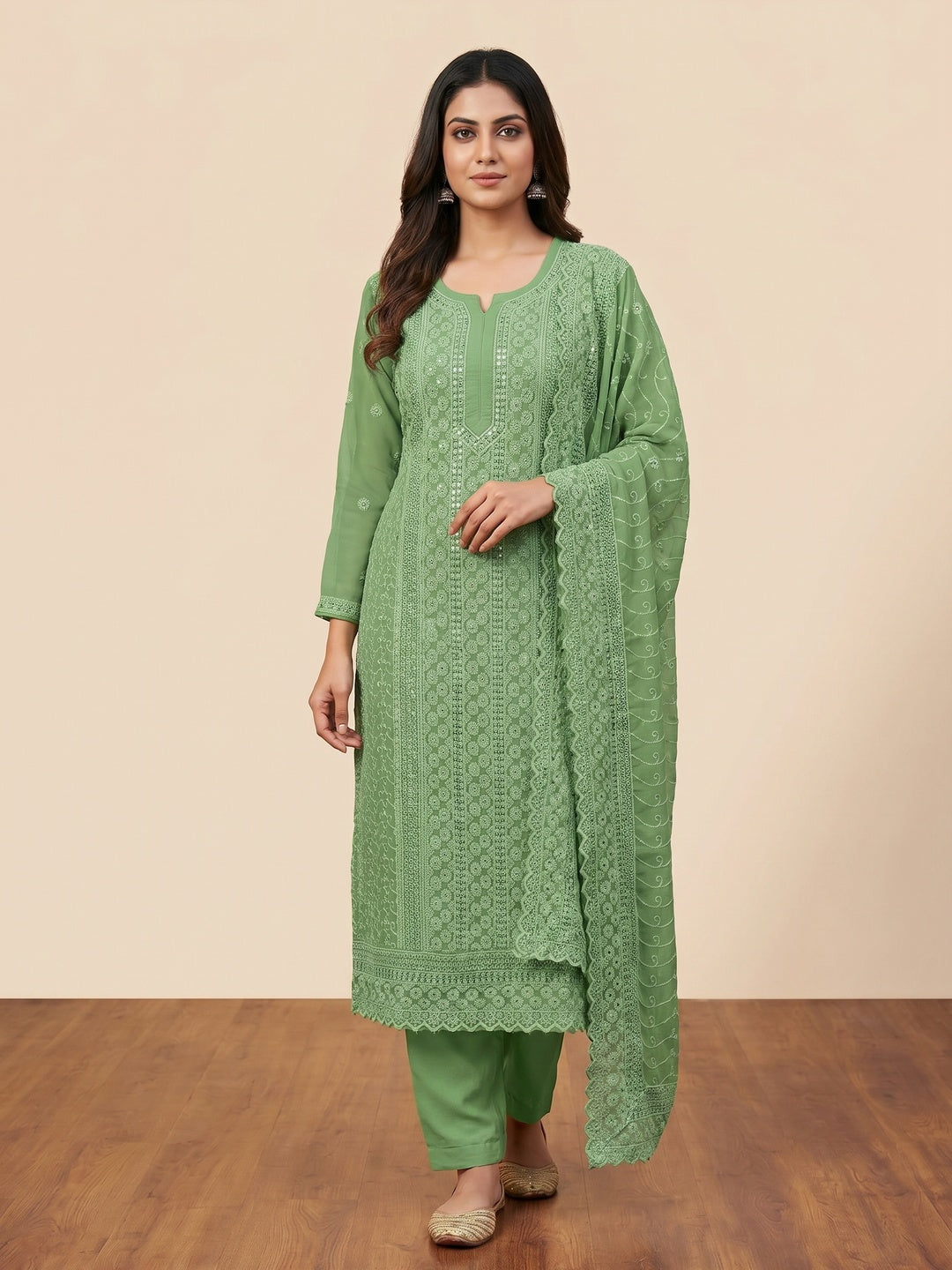 Green Embroidered Georgette Lucknowi Suit - Image 1