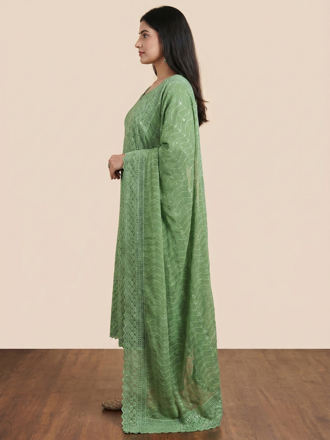Green Embroidered Georgette Lucknowi Suit - Image 3
