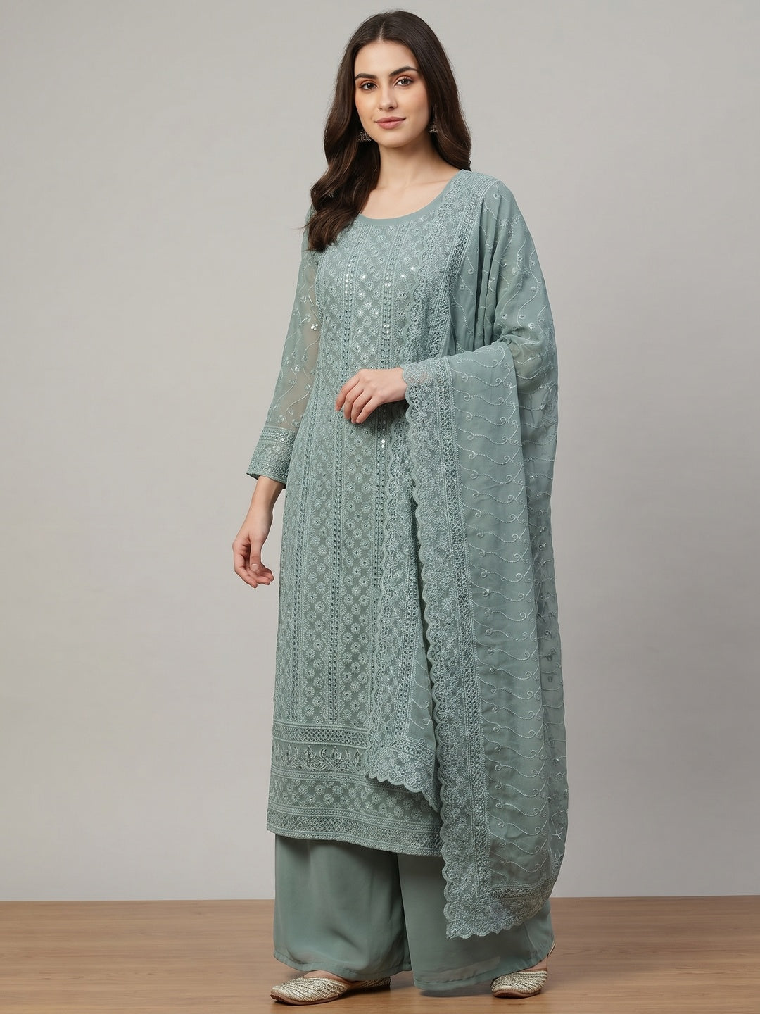 Grey Lucknowi Embroidered Georgette Suit - Image 1