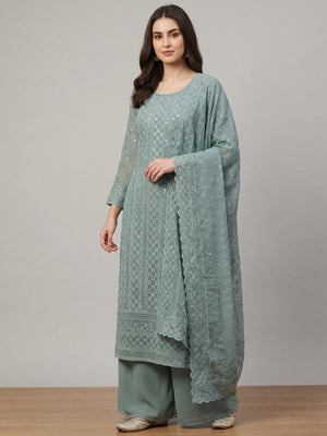 Grey Lucknowi Embroidered Georgette Suit - Image 1