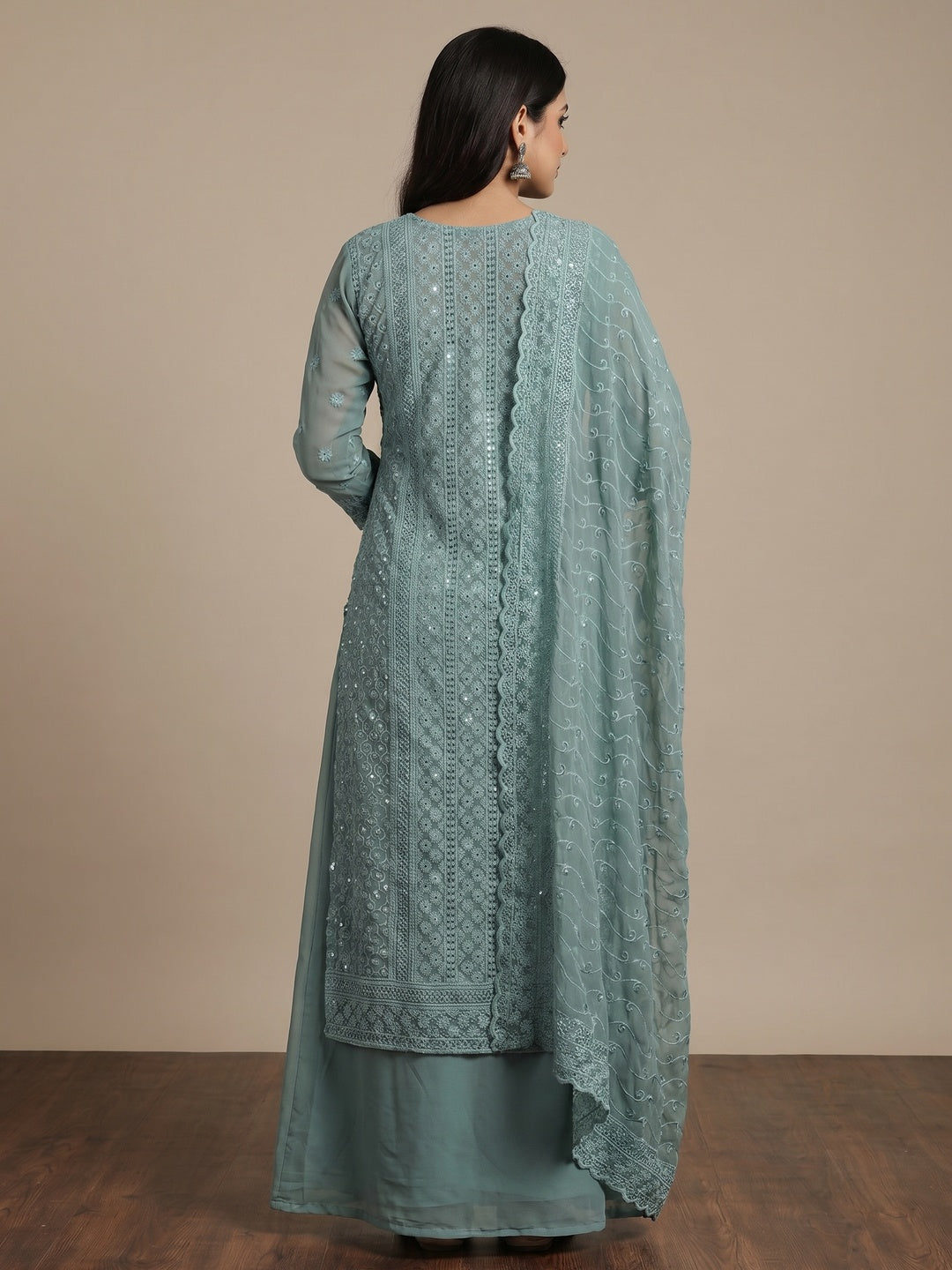 Grey Lucknowi Embroidered Georgette Suit - Image 2