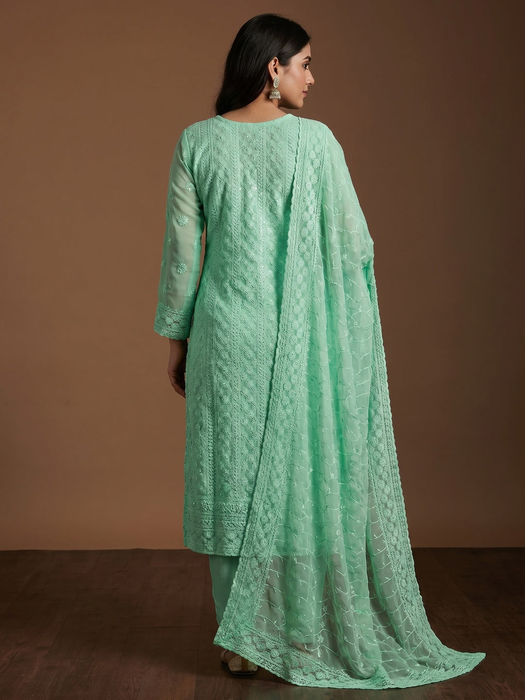 Sea Green Lucknowi Embroidered Georgette Suit - Image 3