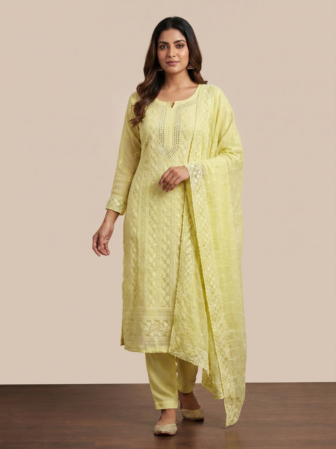 Light Yellow Lucknowi Embroidered Georgette Suit - Image 1