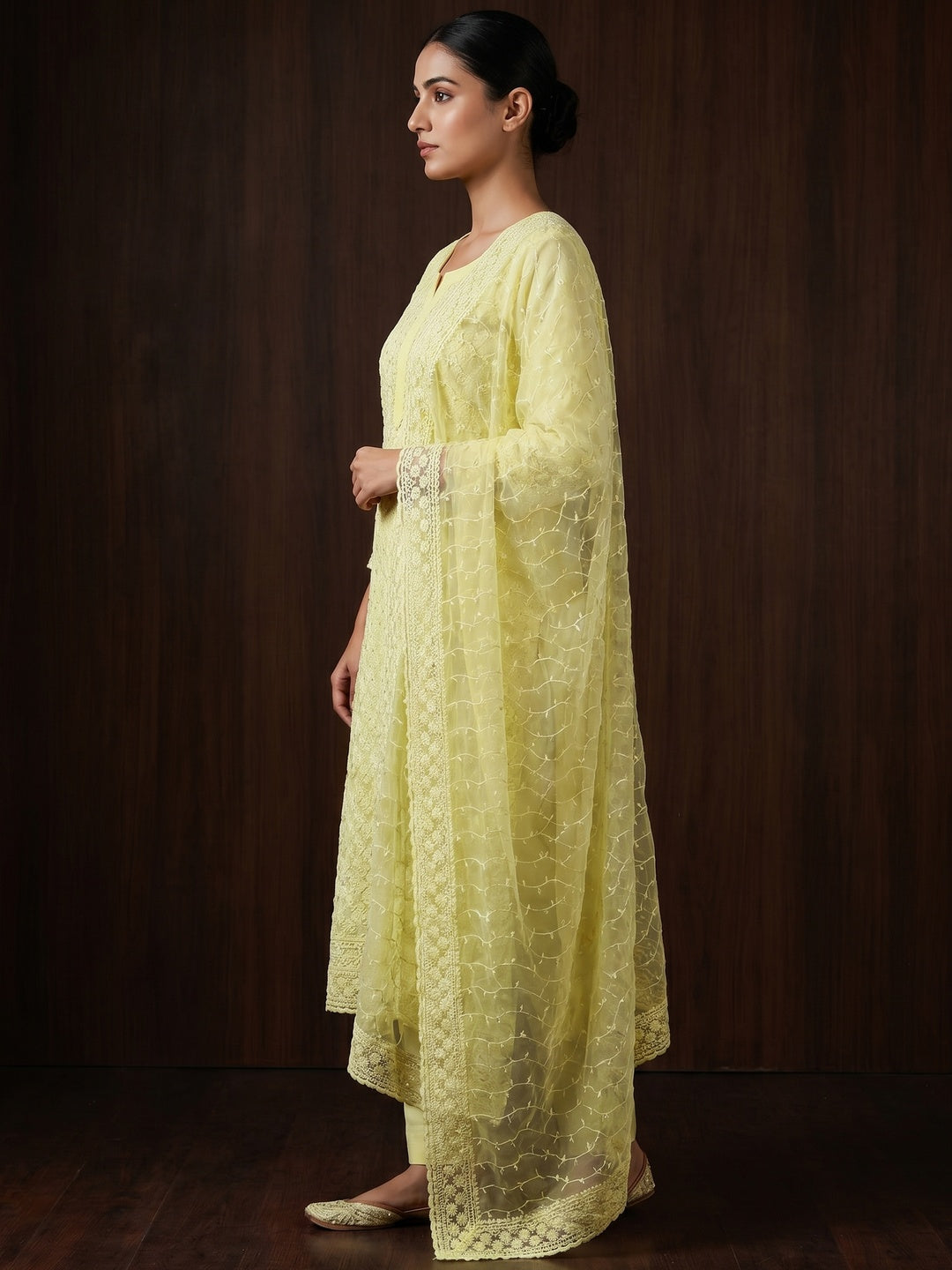 Light Yellow Lucknowi Embroidered Georgette Suit - Image 3