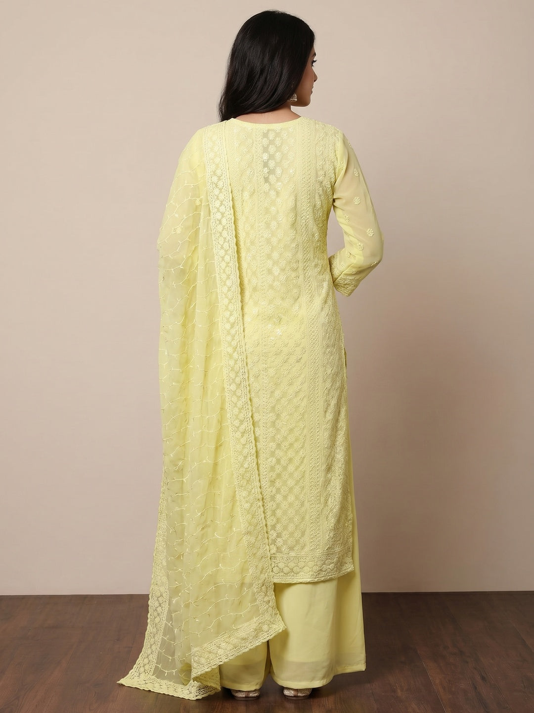 Light Yellow Lucknowi Embroidered Georgette Suit - Image 2