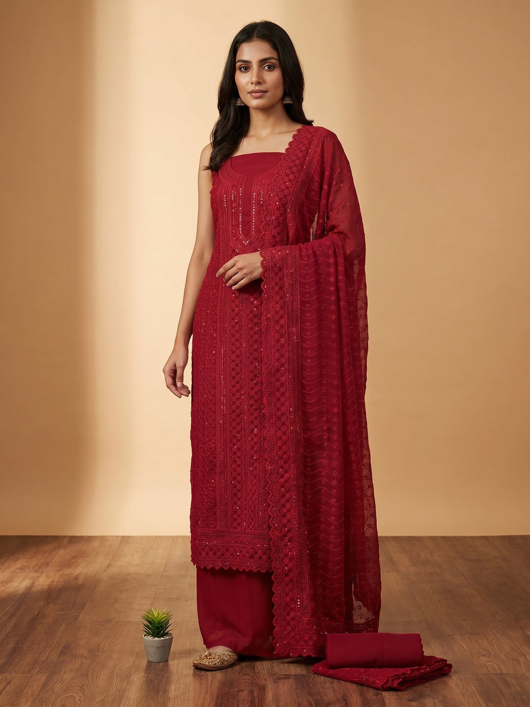 Maroon Lucknowi Embroidered Georgette Suit - Image 1