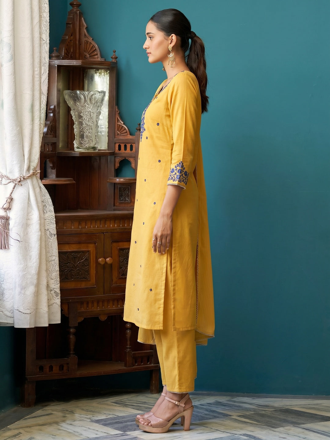 Yellow Floral Embroidered Pure Cotton Suit - Image 2