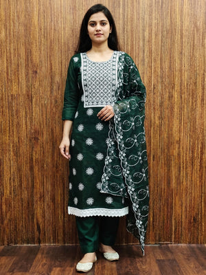 Bottle Green Floral Embroidered Chanderi Dress Material - Image 1