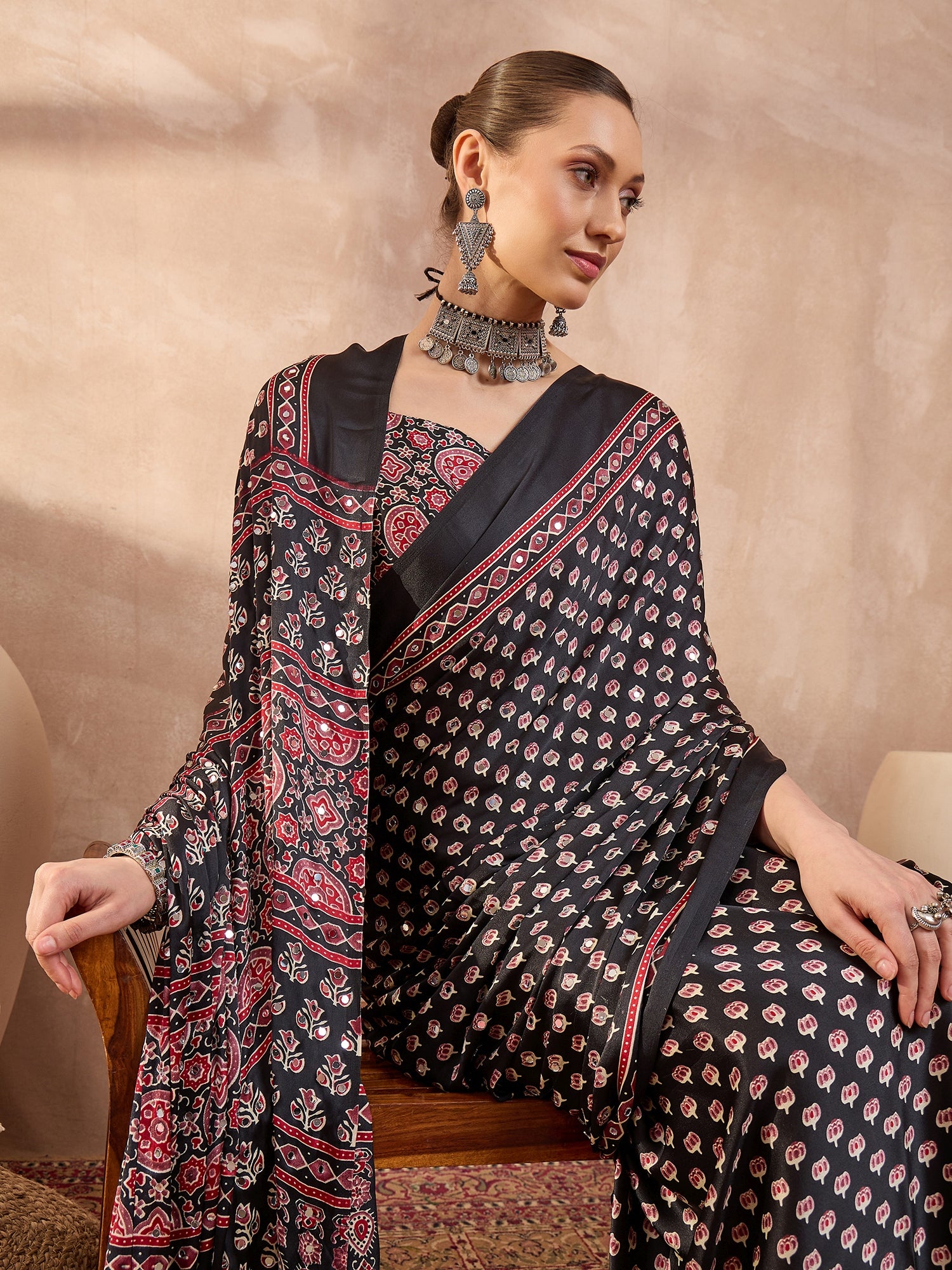 Peachmode Black Semi Modal Saree with Mirror Work - Image 5