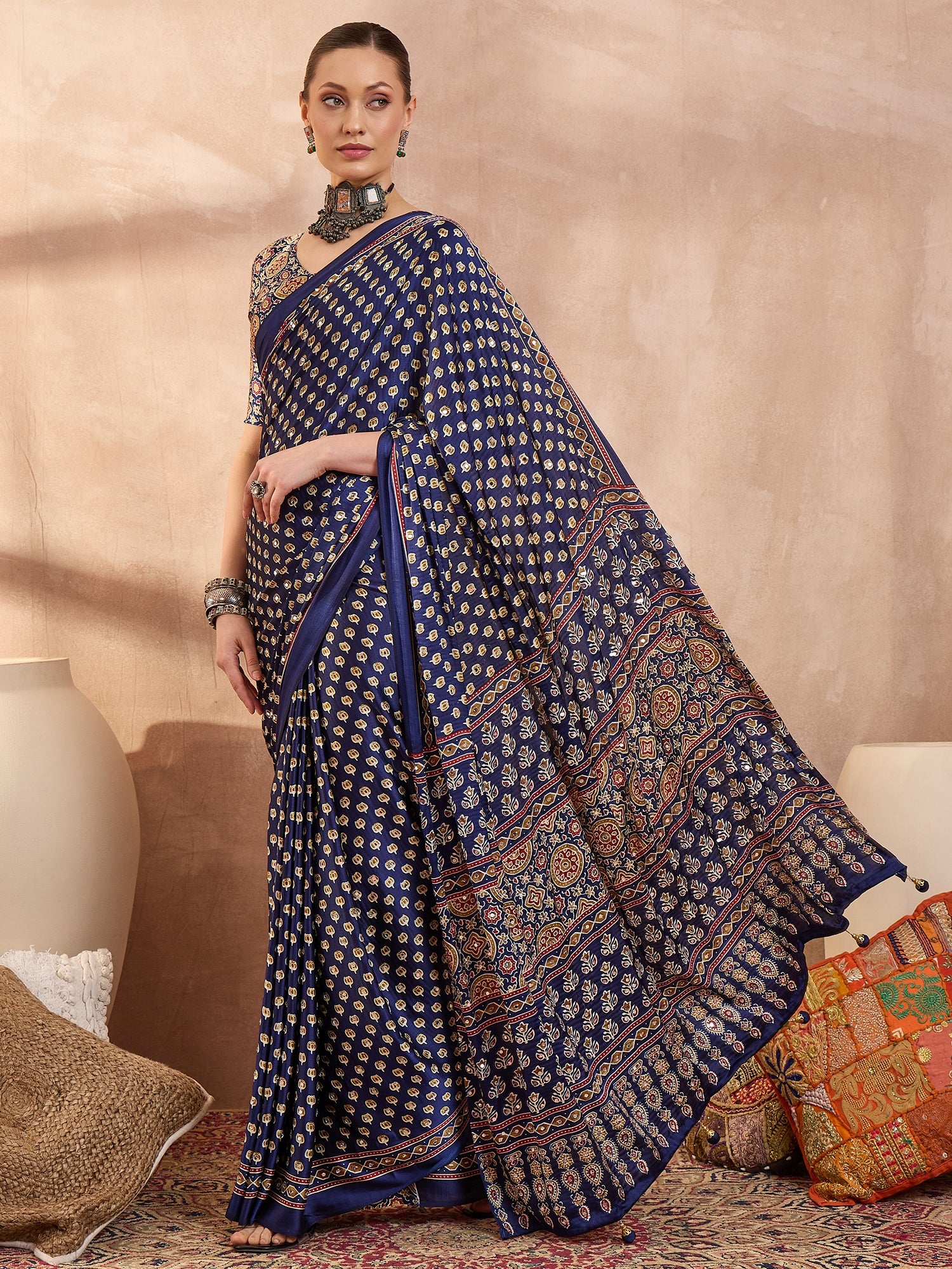 Peachmode Blue Semi Modal Saree with Mirror Work - Image 4