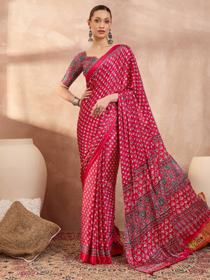 Peachmode Pink Semi Modal Saree with Mirror Work - Image 1