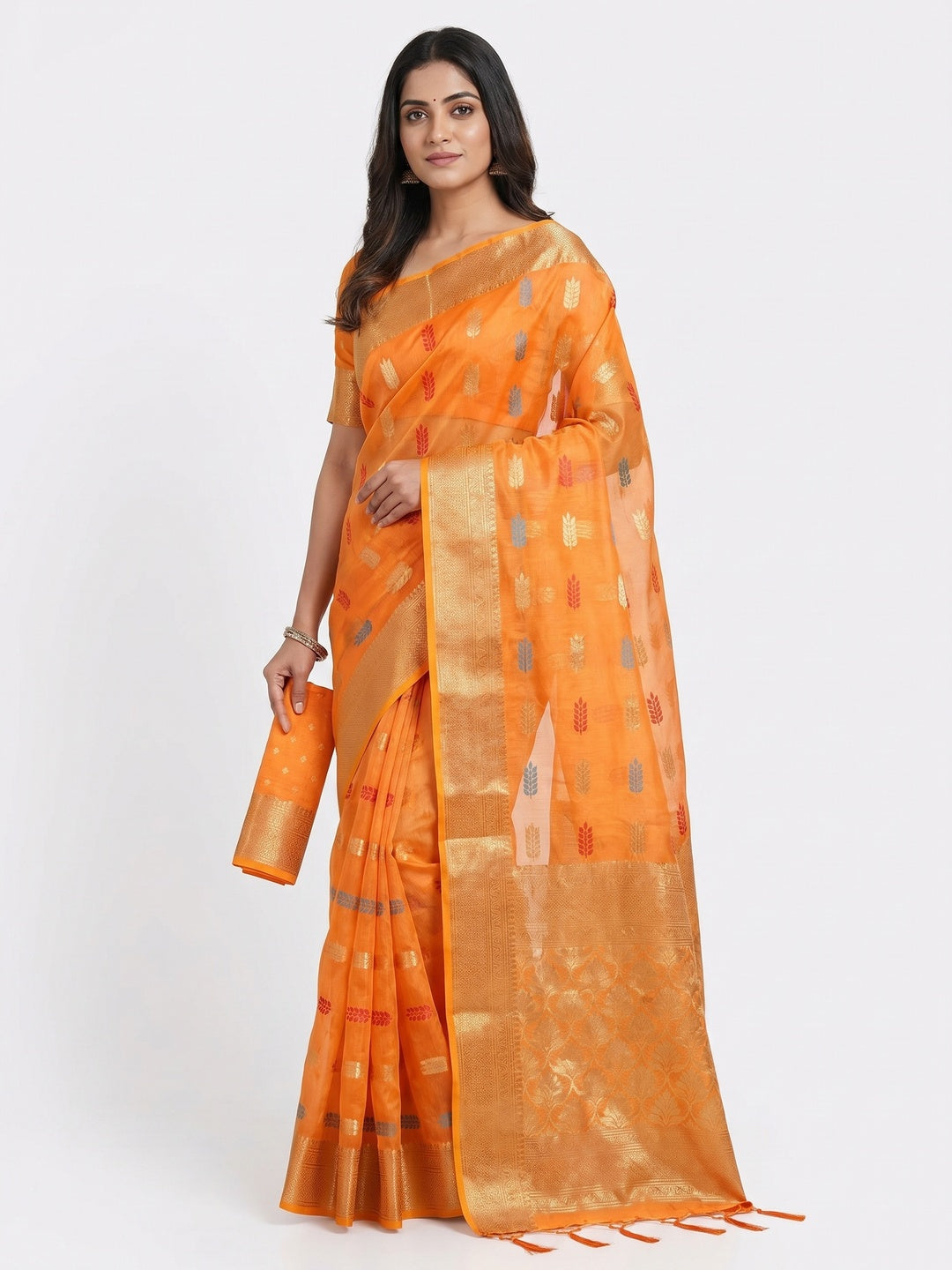 Orange Floral Woven Organza Saree - Image 1