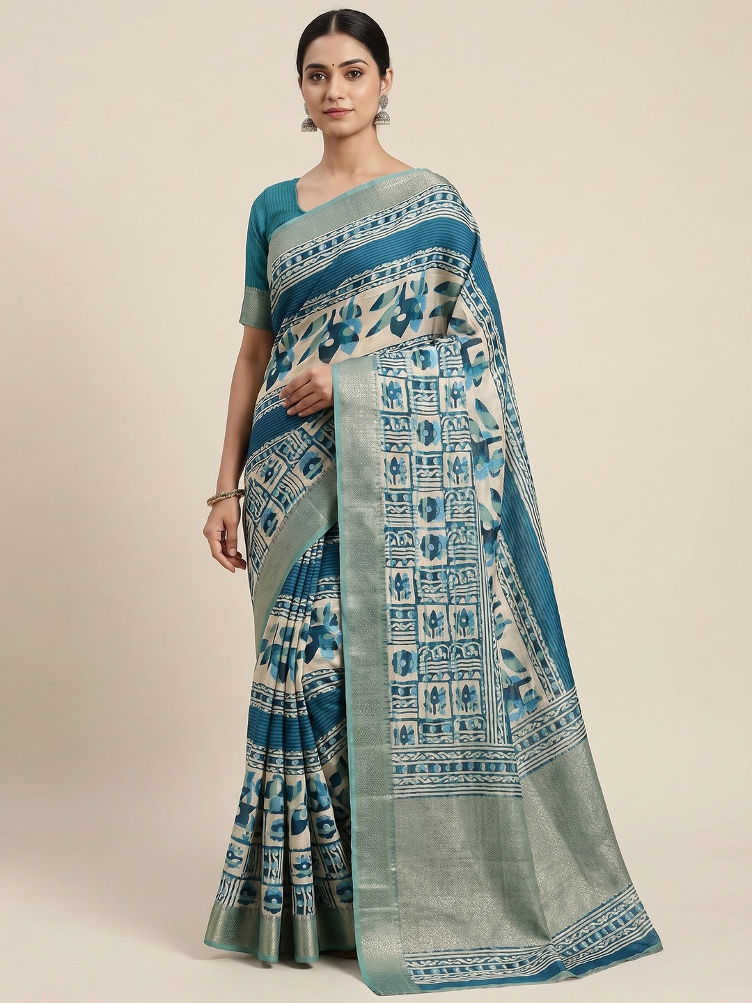Blue Printed With Woven Border Dola Silk Saree - Image 1