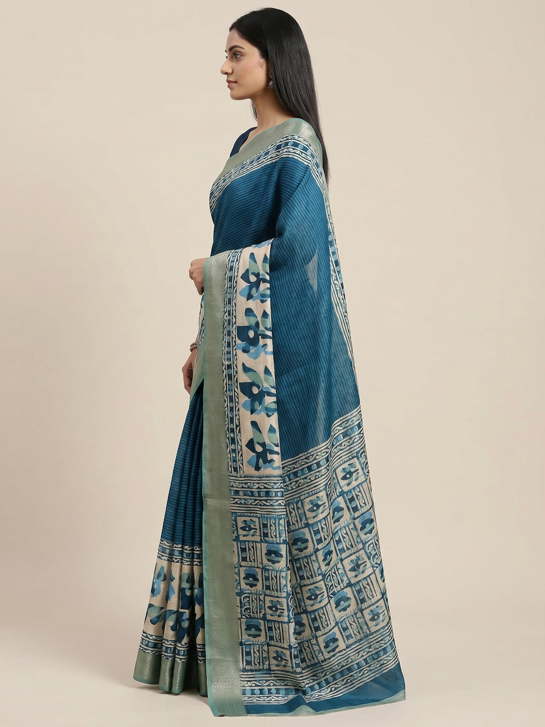 Blue Printed With Woven Border Dola Silk Saree - Image 3