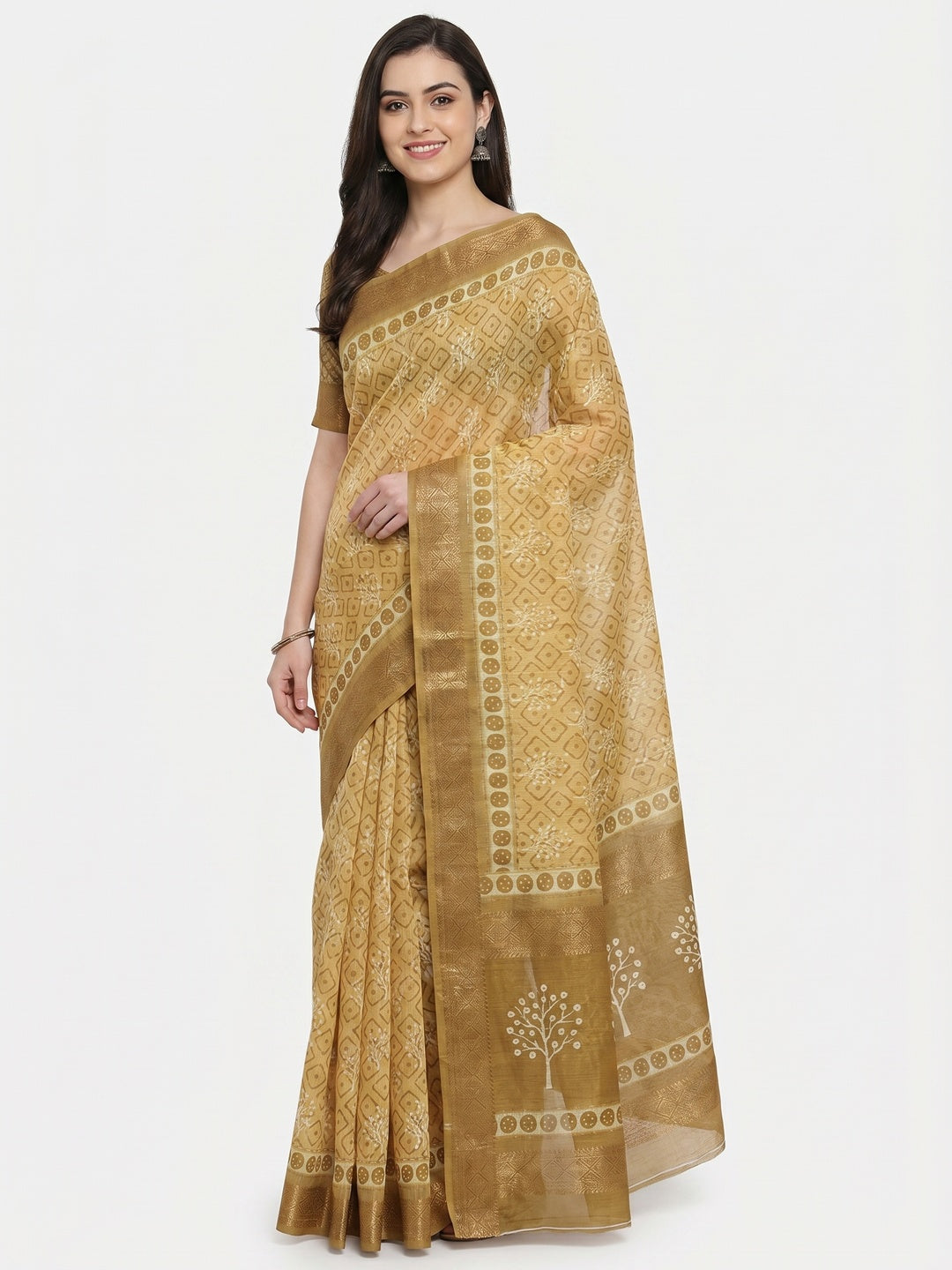 Chikoo Floral Digital Printed Pure Cotton Saree - Image 1