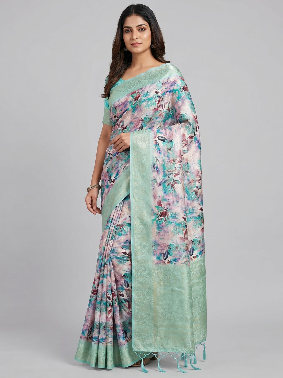 Pink & Blue Floral Digital Printed Jacquard Saree - Image 1