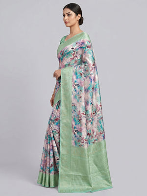 Pink & Blue Floral Digital Printed Jacquard Saree - Image 2