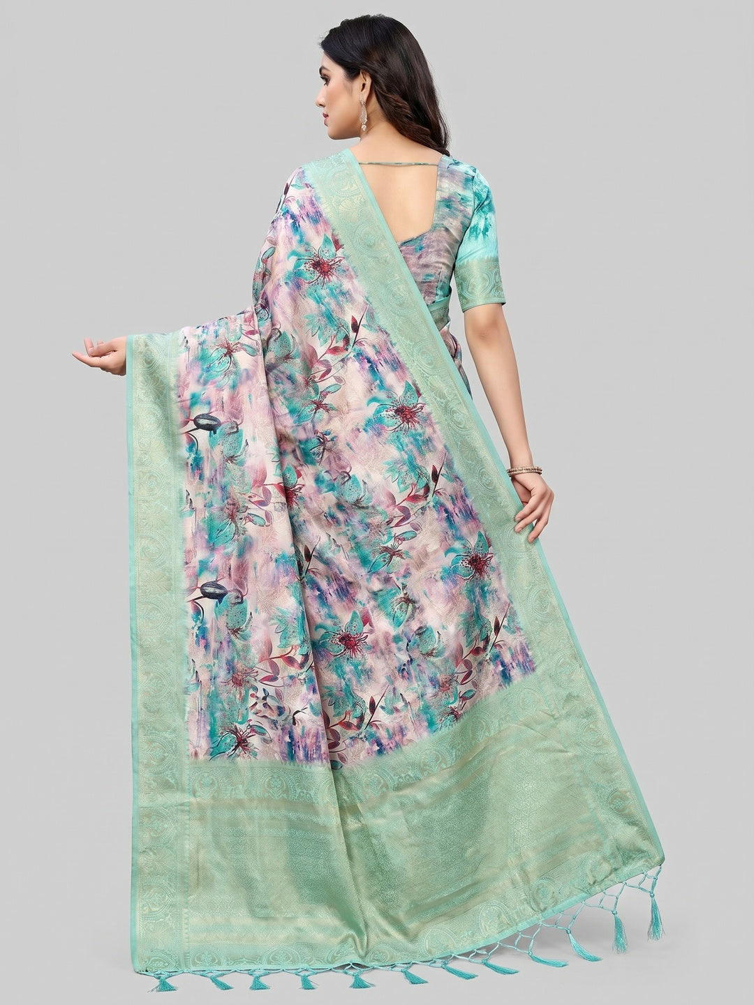 Pink & Blue Floral Digital Printed Jacquard Saree - Image 3