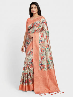 Multicolor Floral Digital Printed Jacquard Saree - Image 1