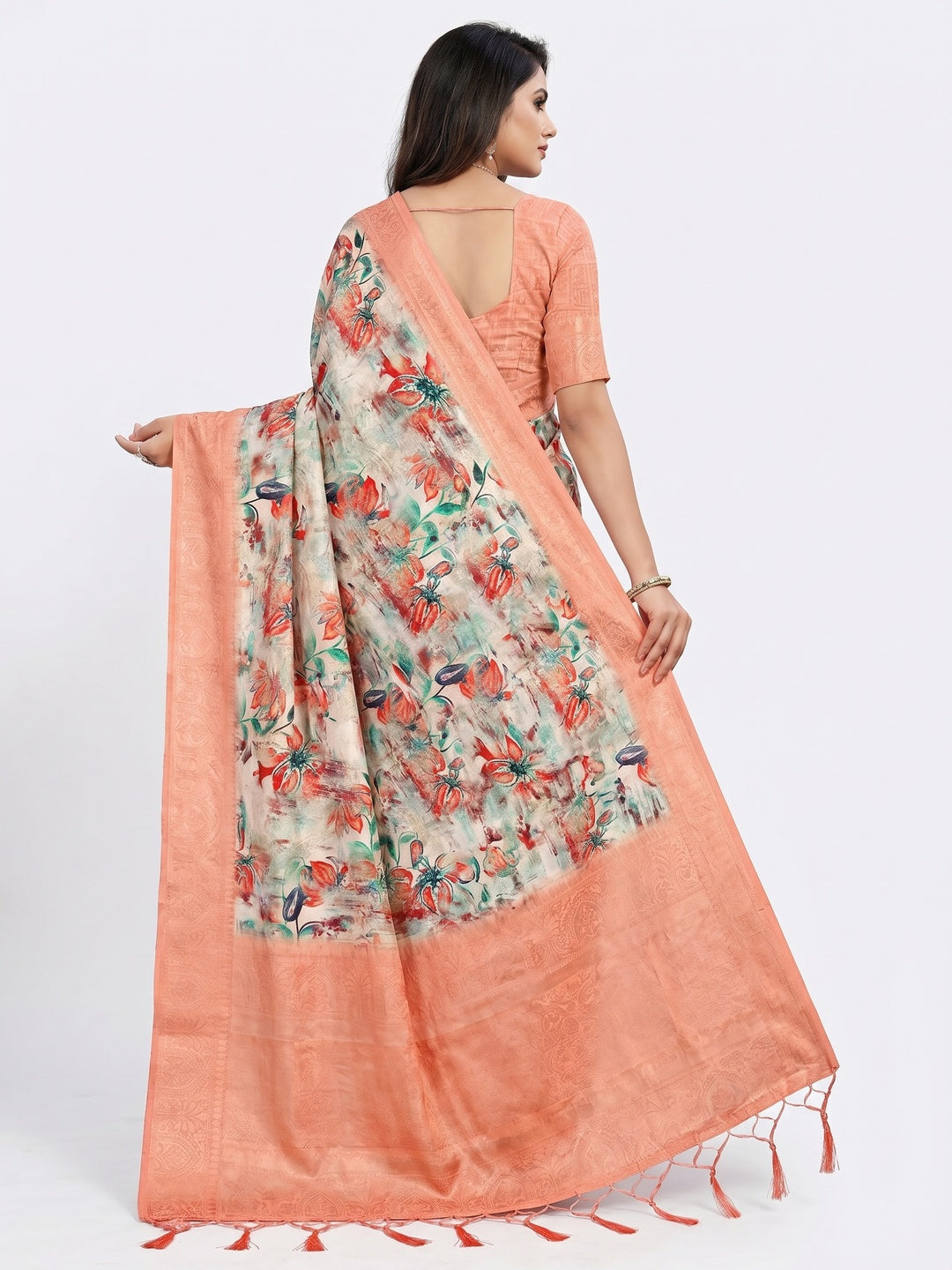 Multicolor Floral Digital Printed Jacquard Saree - Image 3